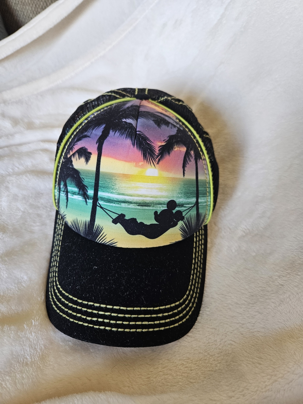 Disney Black Trucker Hat with Sunset Palm Silhouette